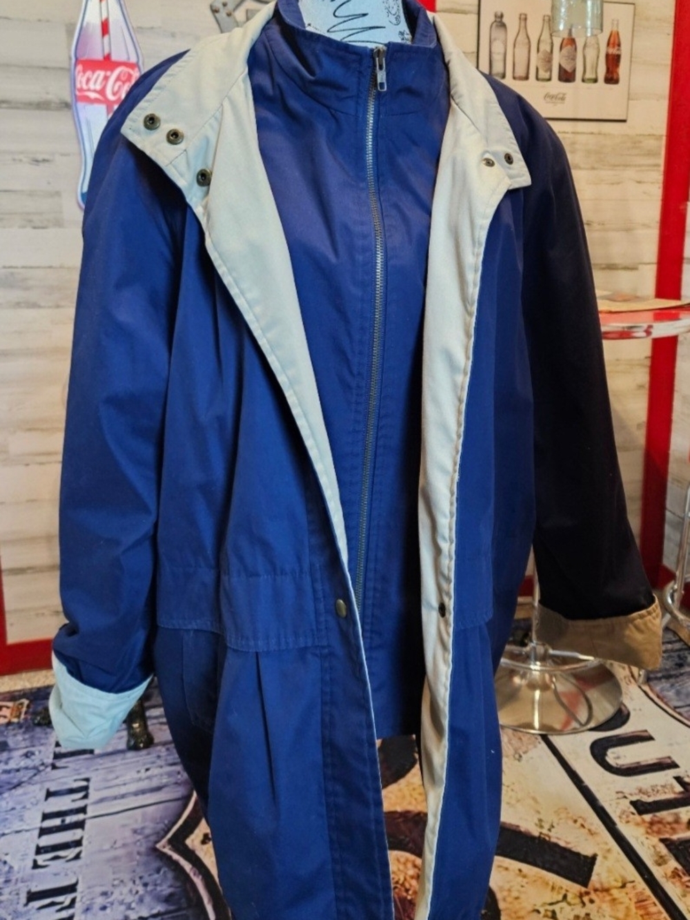 Women's Navy Blue Trench Coat with Contrasting Cream Lining